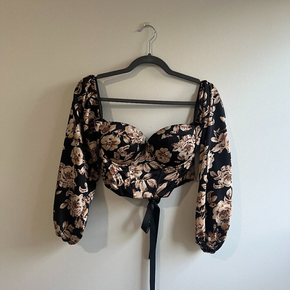 Black floral bustier top with lace-up back